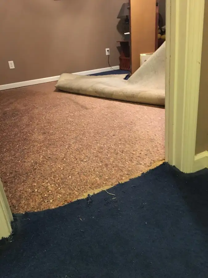Carpet pad removal revealing water damage during Water Mitigation Services in Cullowhee