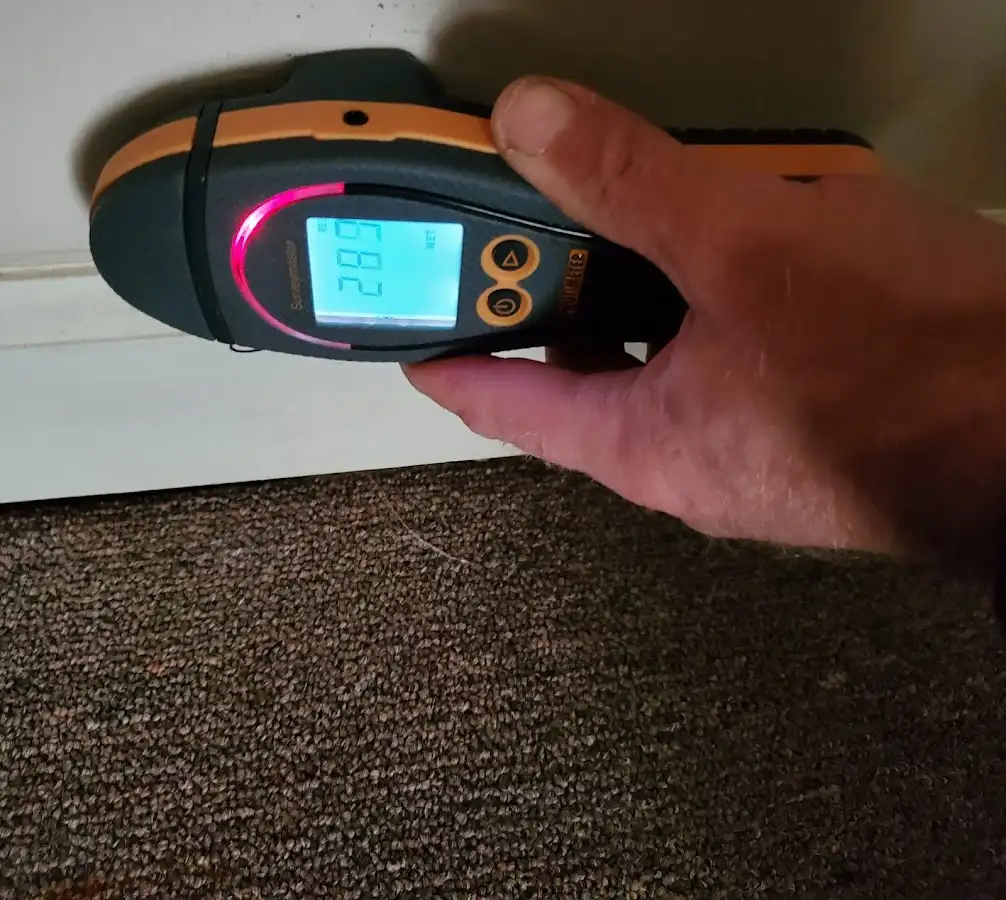 Moisture detection at baseboard during Storm Damage Restoration in Cullowhee